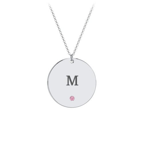 Engravable Disc Pendant with Birthstone – Sterling Silver with Pink Tourmaline