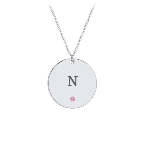 Engravable Disc Pendant with Birthstone – Sterling Silver with Pink Tourmaline