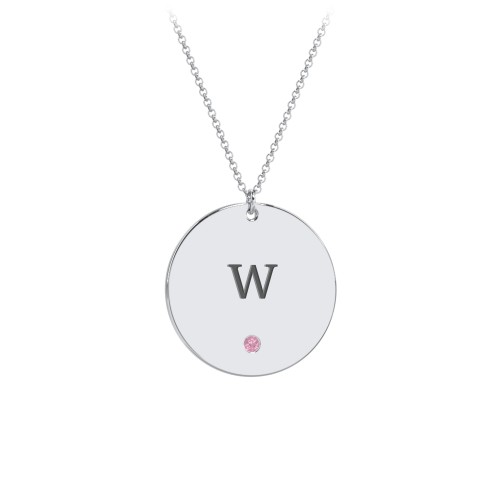Engravable Disc Pendant with Birthstone – Sterling Silver with Pink Tourmaline