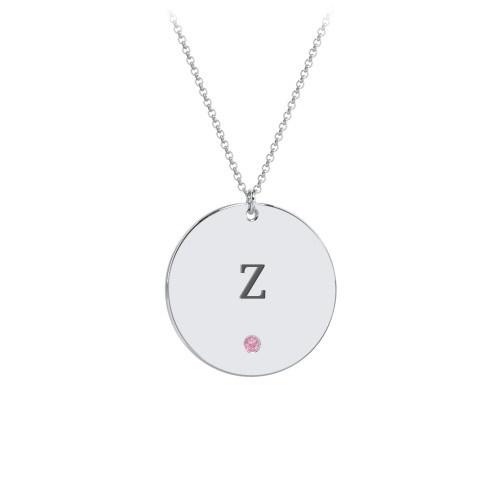Engravable Disc Pendant with Birthstone – Sterling Silver with Pink Tourmaline