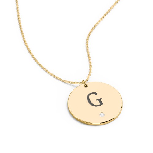 Engravable Disc Pendant with Birthstone – 10K Yellow Gold with Cubic Zirconia