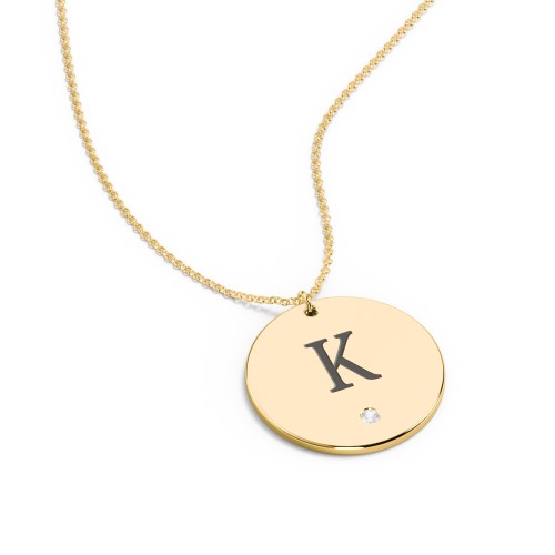 Engravable Disc Pendant with Birthstone – 10K Yellow Gold with Cubic Zirconia