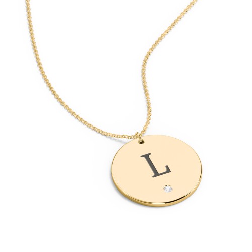 Engravable Disc Pendant with Birthstone – 10K Yellow Gold with Cubic Zirconia