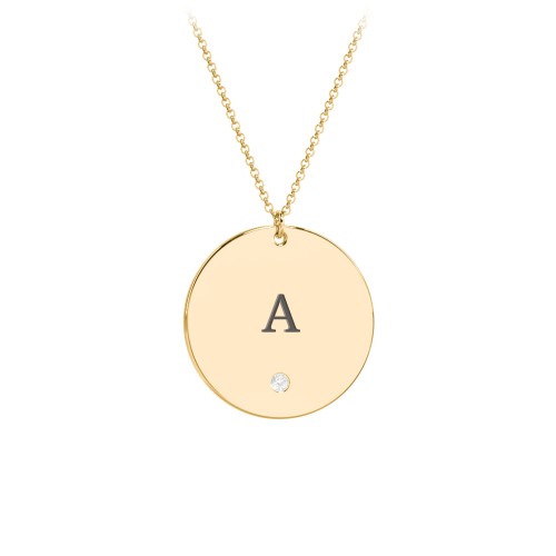 Engravable Disc Pendant with Birthstone – 10K Yellow Gold with Cubic Zirconia