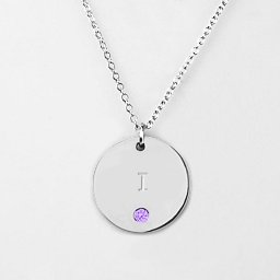 Birthstone I Initial Disc Pendant in 925 Sterling Silver with Amethyst