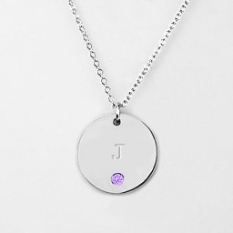 Birthstone J Initial Disc Pendant in 925 Sterling Silver with Amethyst