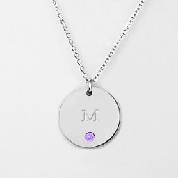 Birthstone M Initial Disc Pendant in 925 Sterling Silver with Amethyst