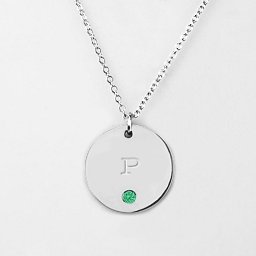 Birthstone P Initial Disc Pendant in 925 Sterling Silver with Emerald