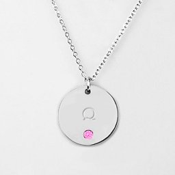 Birthstone Q Initial Disc Pendant in 925 Sterling Silver with Pink Tourmaline