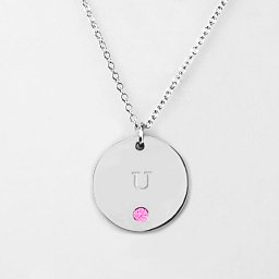 Birthstone U Initial Disc Pendant in 925 Sterling Silver with Pink Tourmaline