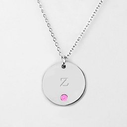 Birthstone Z Initial Disc Pendant in 925 Sterling Silver with Pink Tourmaline