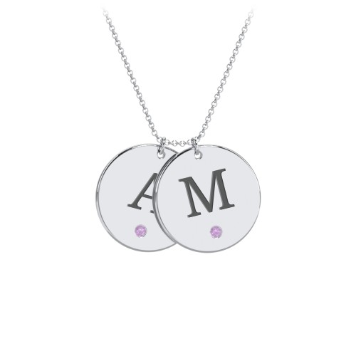 Birthstone Initial 2 Disc Pendant – Sterling Silver with Amethyst