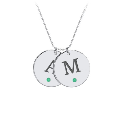 Birthstone Initial 2 Disc Pendant – Sterling Silver with Emerald