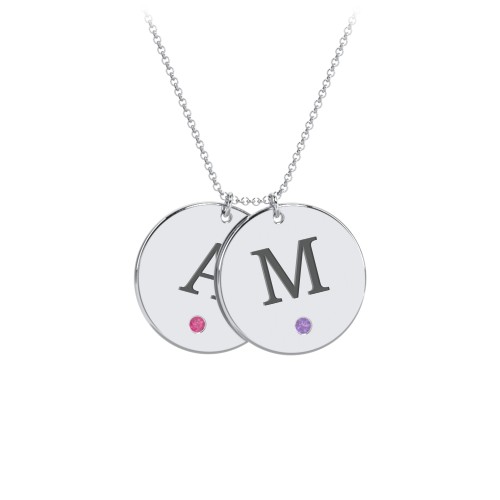 Birthstone Initial 2 Disc Pendant – Sterling Silver with Ruby and Amethyst