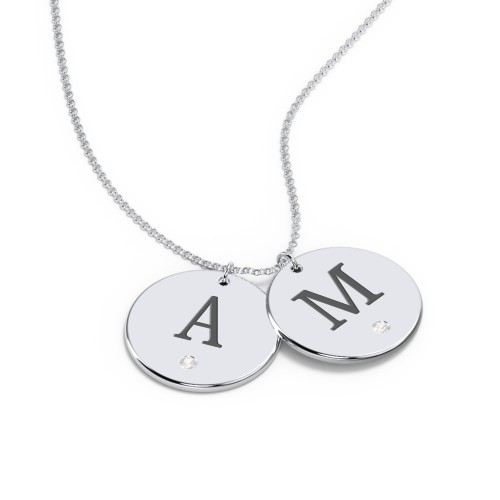 Birthstone Initial 2 Disc Pendant – Sterling Silver with Cubic Zirconia