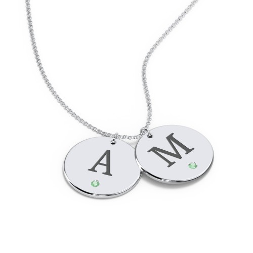 Birthstone Initial 2 Disc Pendant – Sterling Silver with Emerald