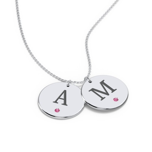 Birthstone Initial 2 Disc Pendant – Sterling Silver with Ruby