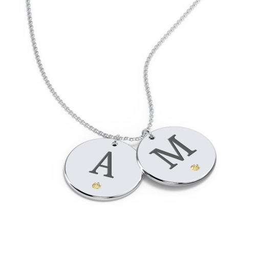 Birthstone Initial 2 Disc Pendant – Sterling Silver with Citrine