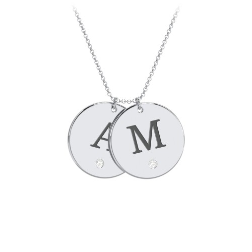 Birthstone Initial 2 Disc Pendant – Sterling Silver with Cubic Zirconia