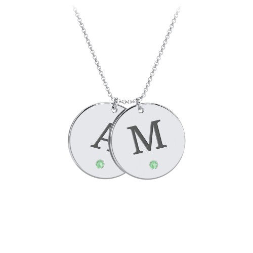 Birthstone Initial 2 Disc Pendant – Sterling Silver with Emerald