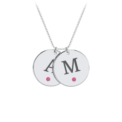 Birthstone Initial 2 Disc Pendant – Sterling Silver with Ruby