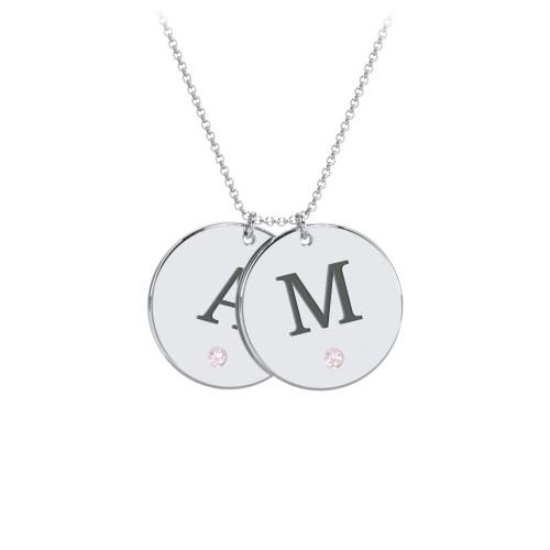 Birthstone Initial 2 Disc Pendant – Sterling Silver with Pink Tourmaline