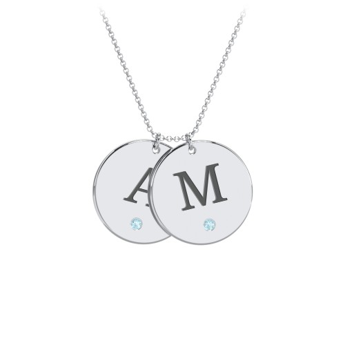 Birthstone Initial 2 Disc Pendant – Sterling Silver with Blue Topaz