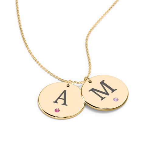 Birthstone Initial 2 Disc Pendant – 10K Yellow Gold with Ruby and Amethyst