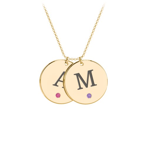 Birthstone Initial 2 Disc Pendant – 10K Yellow Gold with Ruby and Amethyst