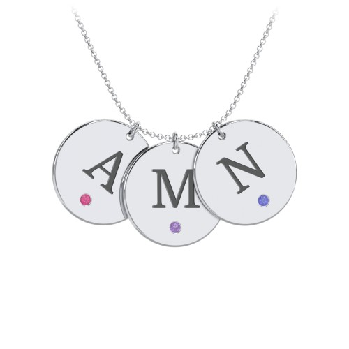 Birthstone Initial 3 Disc Pendant – Sterling Silver with Ruby, Amethyst, and Blue Sapphire