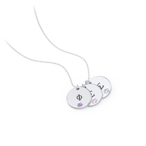 Engravable Disc Sorority Pendant with Birthstone – Sterling Silver with Amethyst, Pink Tourmaline, and Blue Topaz
