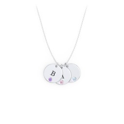 Engravable Disc Sorority Pendant with Birthstone in 925 Sterling Silver with Amethyst, Pink Tourmaline, and Blue Topaz