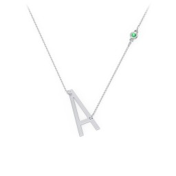 Asymmetrical Initial Necklace with Gemstone in 925 Sterling Silver with Emerald