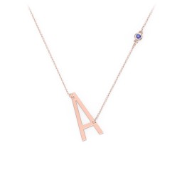 Asymmetrical Initial Necklace with Gemstone in 10K Solid Rose Gold with Blue Sapphire