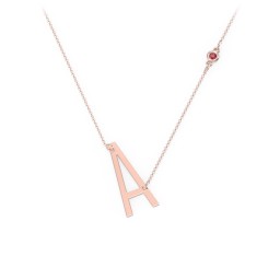 Asymmetrical Initial Necklace with Gemstone in 10K Solid Rose Gold with Garnet