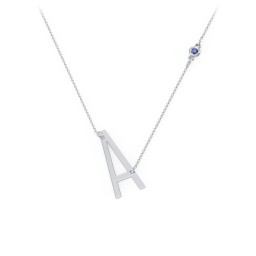 Asymmetrical Initial Necklace with Gemstone in 925 Sterling Silver with Blue Sapphire