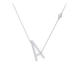 Asymmetrical Initial Necklace with Gemstone in 925 Sterling Silver with Blue Topaz