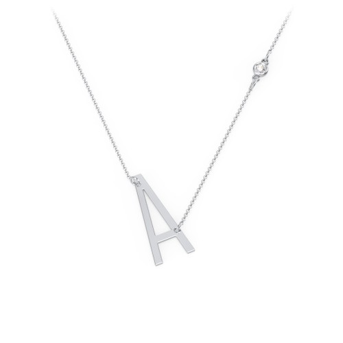 Asymmetrical Initial Necklace with Gemstone – Sterling Silver with Cubic Zirconia