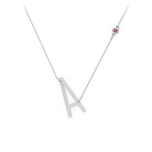 Asymmetrical Initial Necklace with Gemstone – Sterling Silver with Ruby