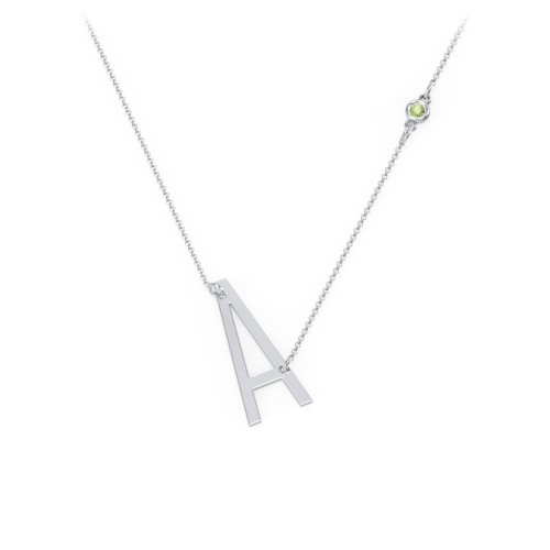 Asymmetrical Initial Necklace with Gemstone – Sterling Silver with Peridot