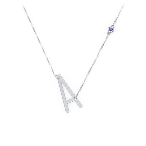 Asymmetrical Initial Necklace with Gemstone – Sterling Silver with Blue Sapphire