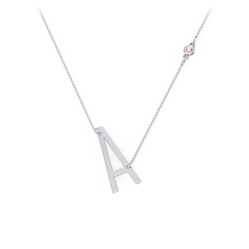 Asymmetrical Initial Necklace with Gemstone – Sterling Silver with Pink Tourmaline