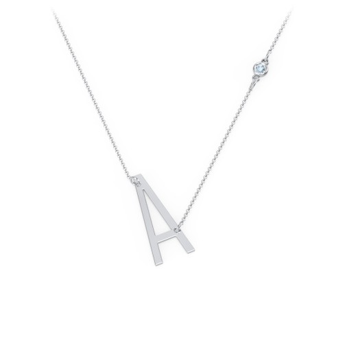 Asymmetrical Initial Necklace with Gemstone – Sterling Silver with Blue Topaz