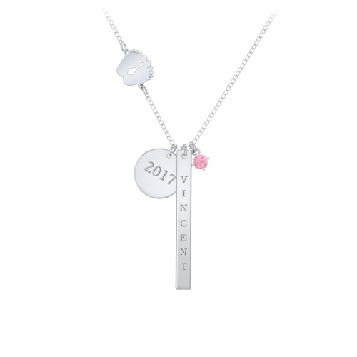 Milestone Necklace with Baby Feet Charm – Sterling Silver with Pink Tourmaline