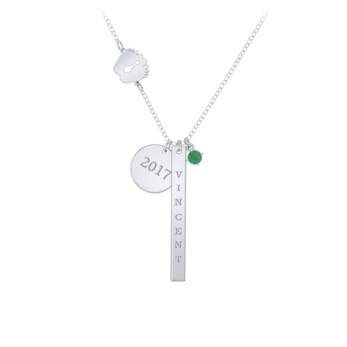 Milestone Necklace with Baby Feet Charm – Sterling Silver with Emerald