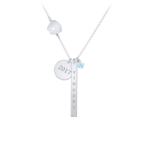 Milestone Necklace with Baby Feet Charm – Sterling Silver with Blue Topaz