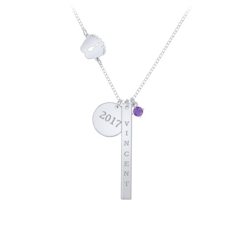 Milestone Necklace with Baby Feet Charm – Sterling Silver with Amethyst