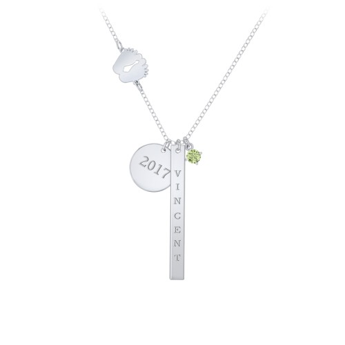 Milestone Necklace with Baby Feet Charm – Sterling Silver with Peridot