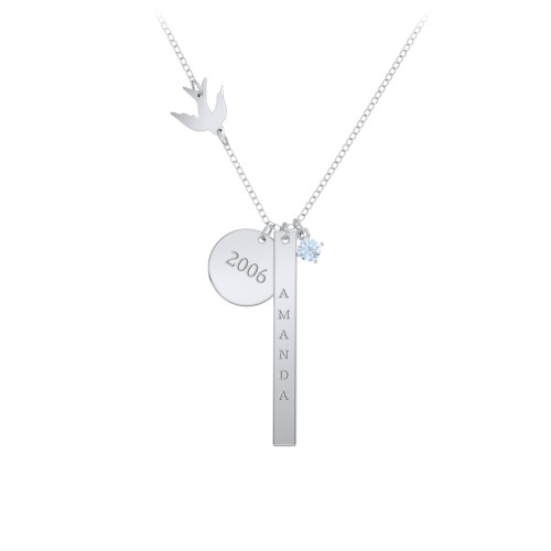 Milestone Necklace with Bird Charm – Sterling Silver with Aquamarine