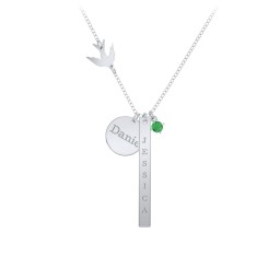 Milestone Necklace with Bird Charm in 925 Sterling Silver with Emerald